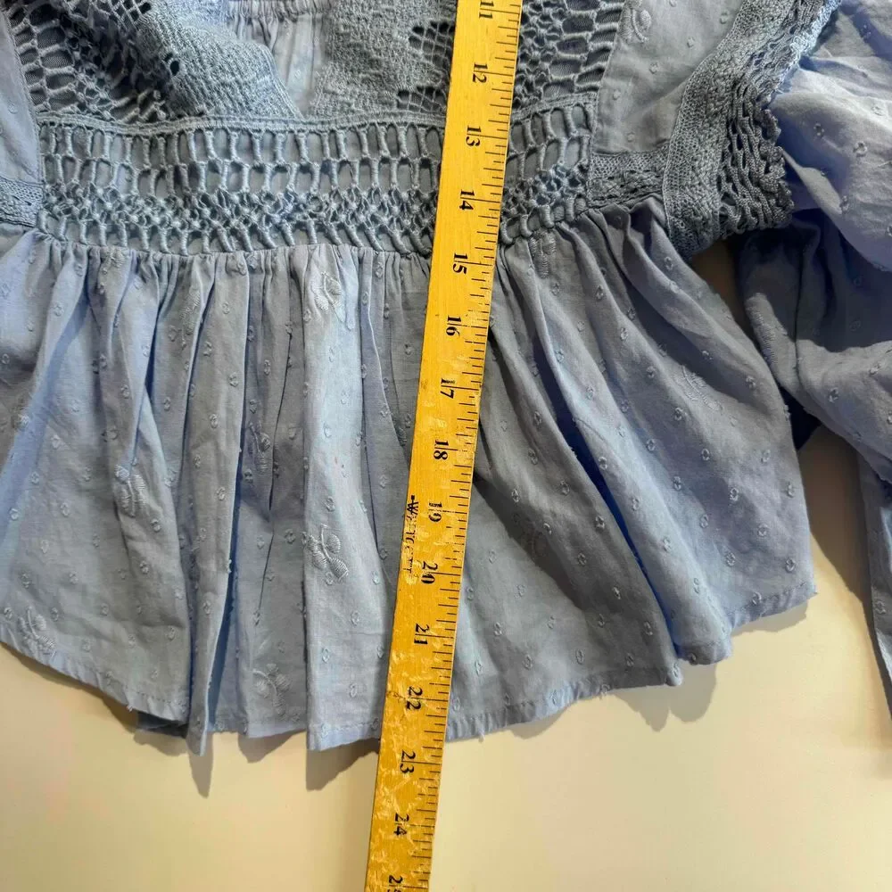 Free People Drive You Mad Blouse Blue Crochet Puff Sleeve Southern Bell Western
